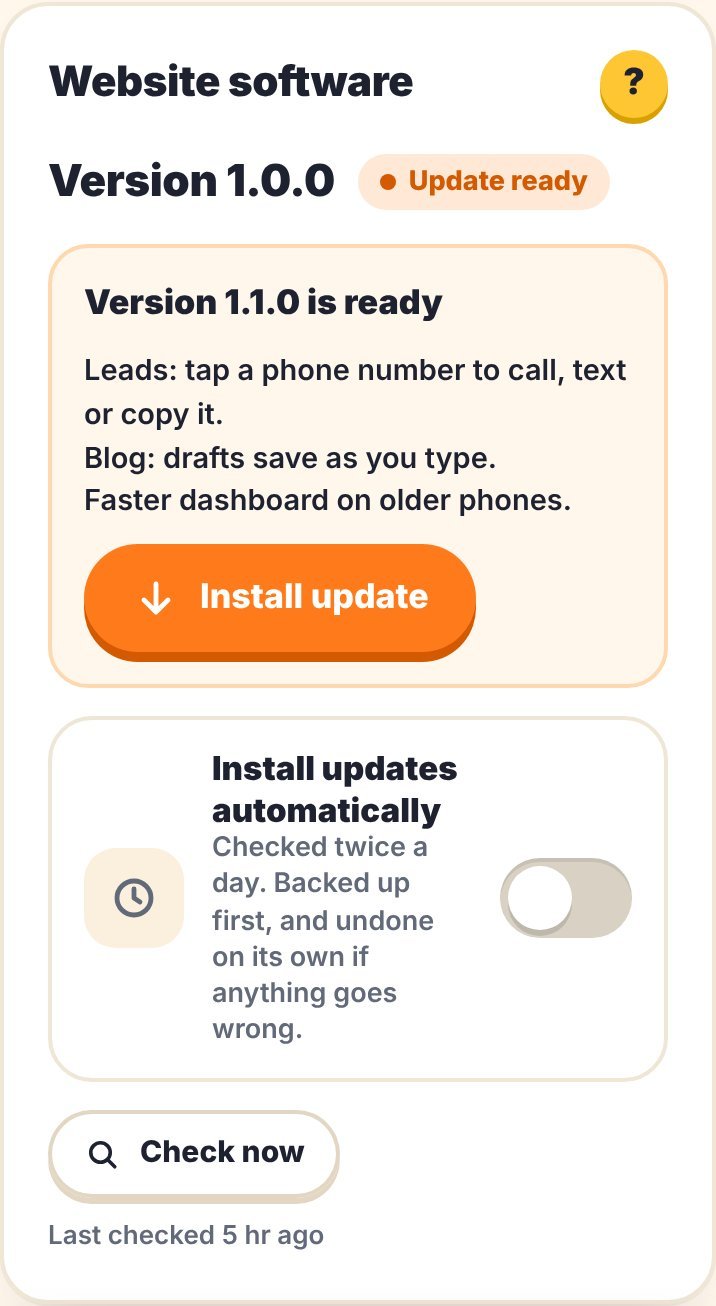 The dashboard’s Website software card with an update ready to install